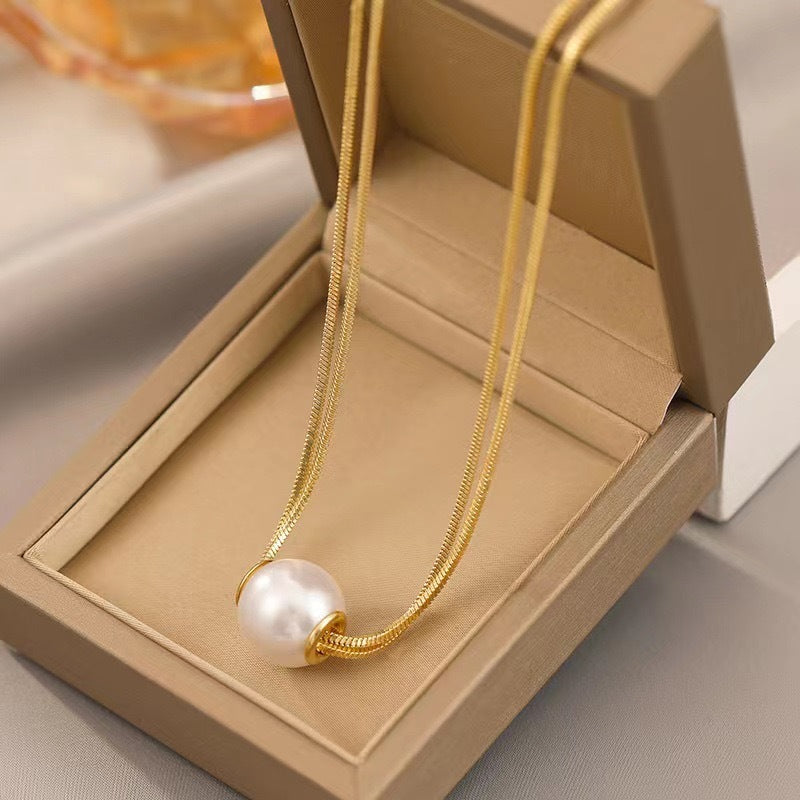 Luxury Geometric Pearl Double Layer Titanium Steel Snake Chain Necklace for Women with Plated Finish