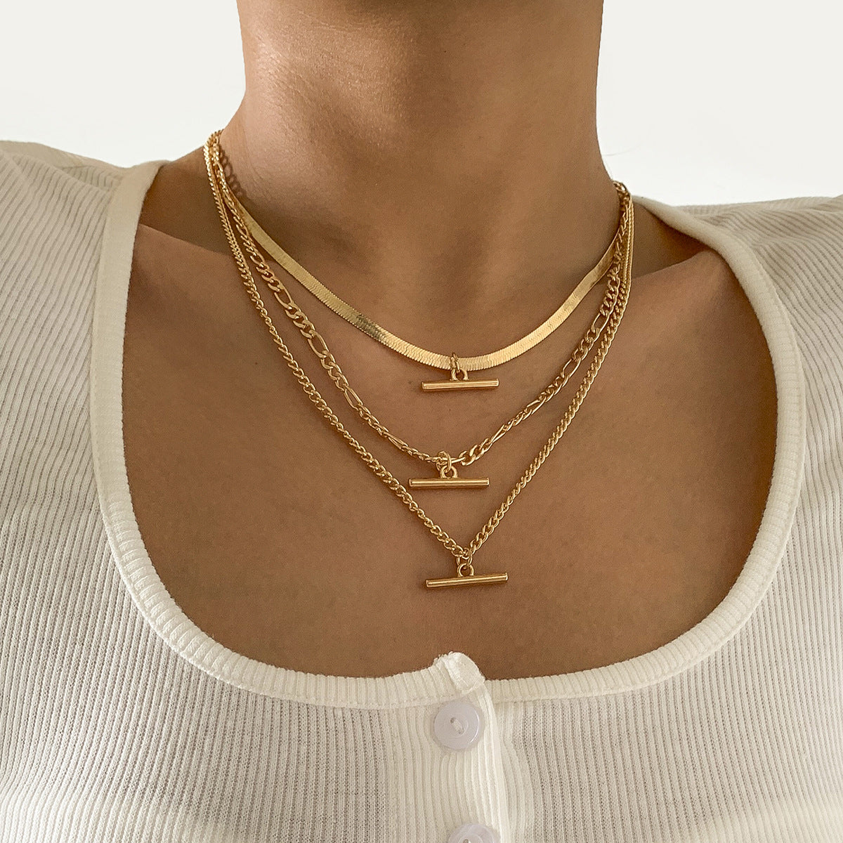 Minimalist Geometric Letter Alloy Pendant Plated Brass Snake Chain Necklace Set for Women