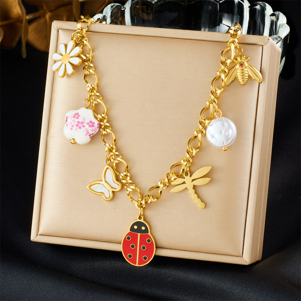 Sweet Cartoon Stainless Steel Drip Oil Insect Dragonfly Ladybug Jewelry Set with Cable Chain