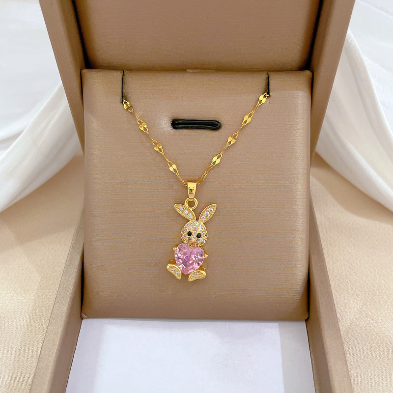 Four-Leaf Clover Rhinestone Pendant Necklace for Women Titanium Steel Irregular Chain Shell Locket Floral Style
