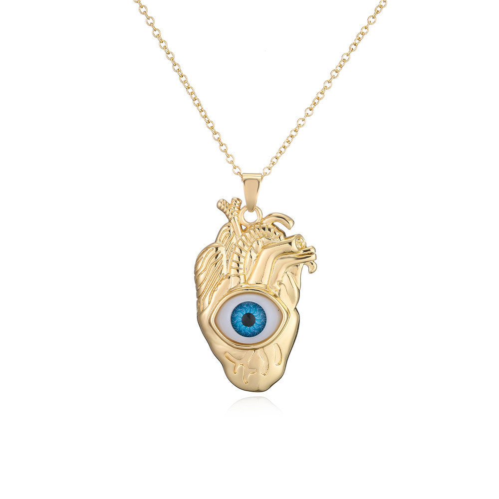 Punk Hip-hop Streetwear 18K Gold Plated Geometric Inlay Cubic Zirconia Eye Pendant Necklace with Cable Chain