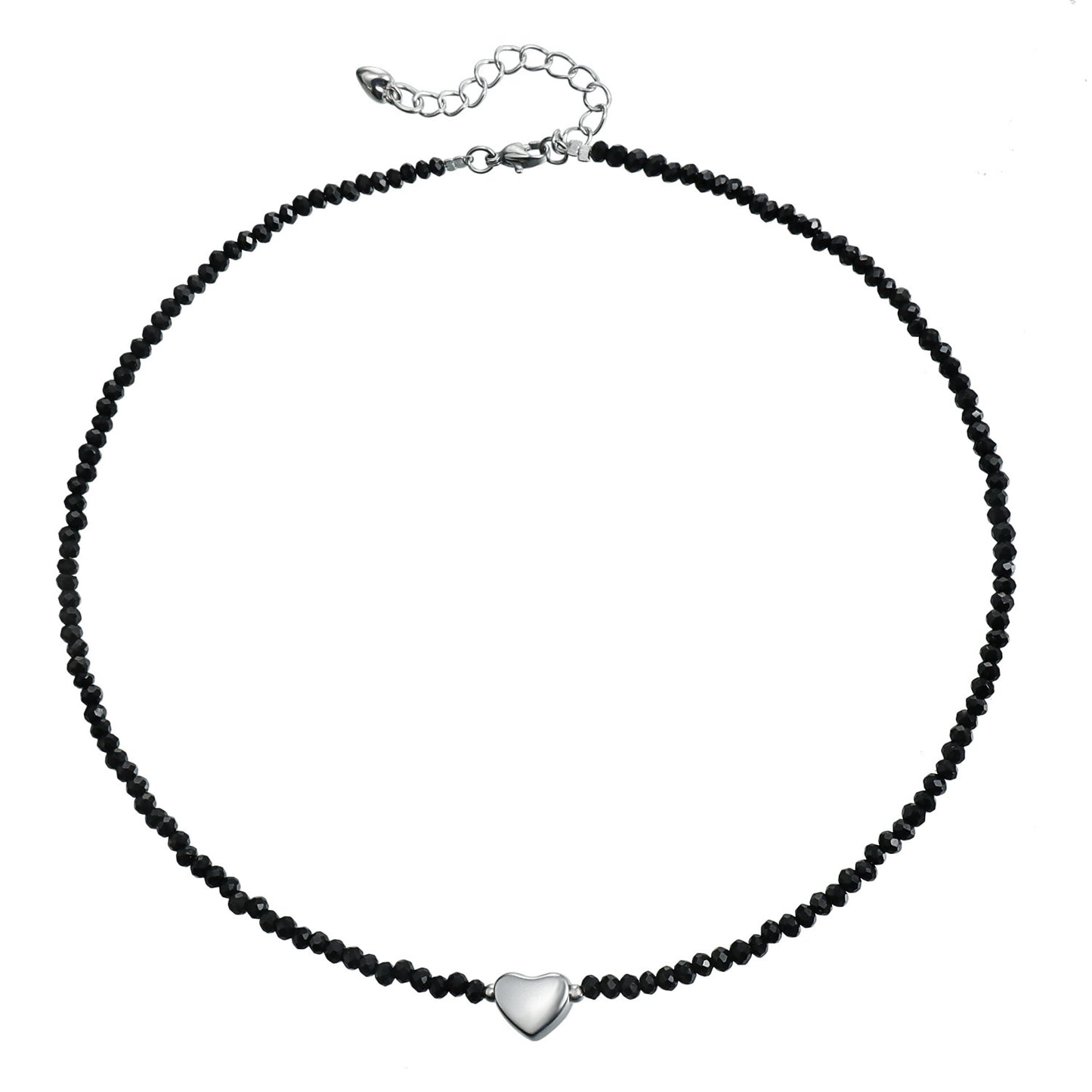 Minimalist Heart-Shaped Alloy Pendant Necklace with Crystal Glass Beads and Black Onyx Accents on Delicate Clavicle Chain