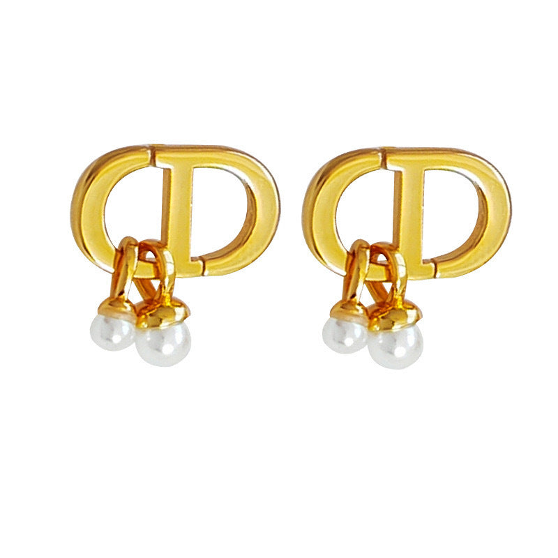 Minimalist Geometric Pearl Dangle Stud Earrings in Titanium Steel with Plated Finish for Women