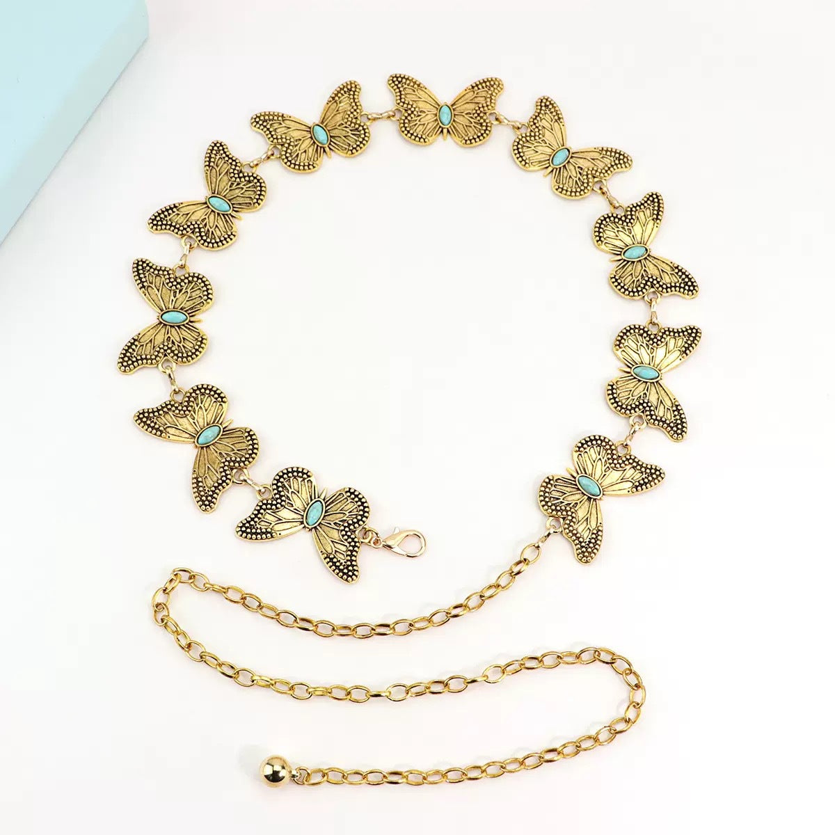 Bohemian Elegant Gold Plated Butterfly Inlaid Turquoise Waist Chain for Women