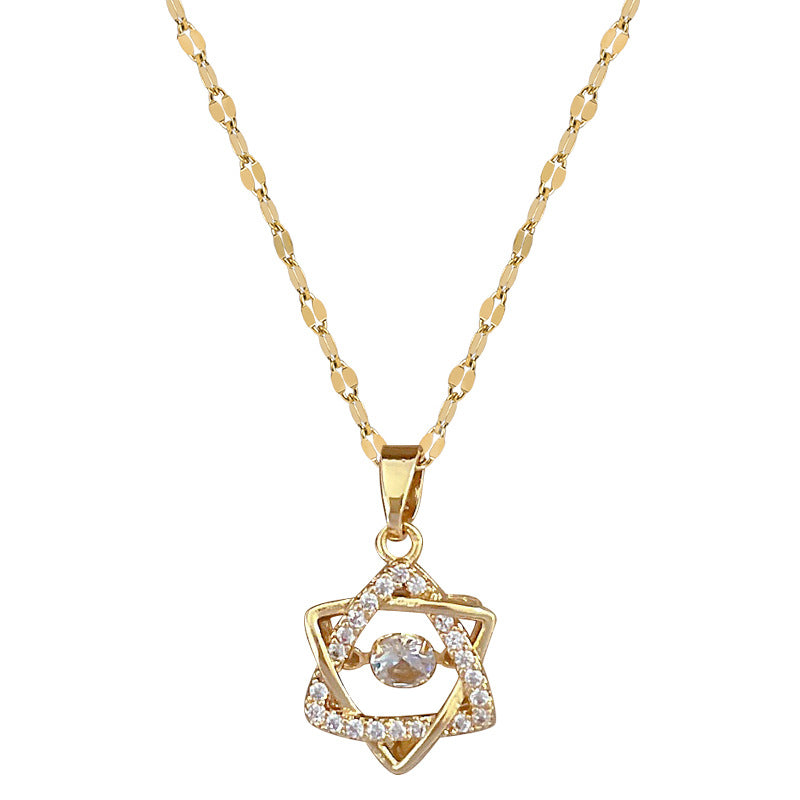 Minimalist Hexagram Pendant Necklace in Titanium Steel with Rhinestone Inlay for Women and Unisex, Delicate Clavicle Chain