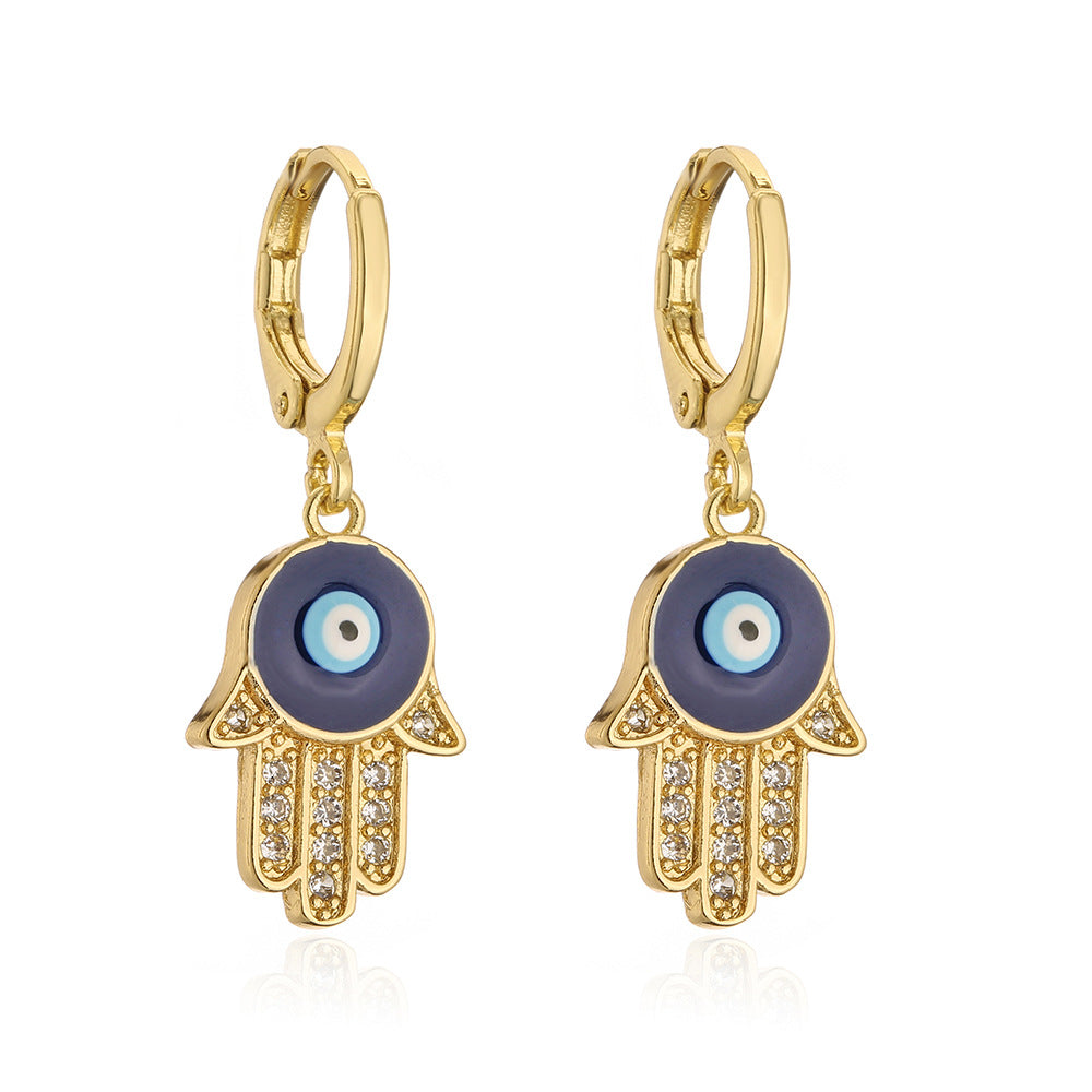 Minimalist Fatima Hand Earrings for Women in Copper with 18K Gold Plating and Zircon Inlay