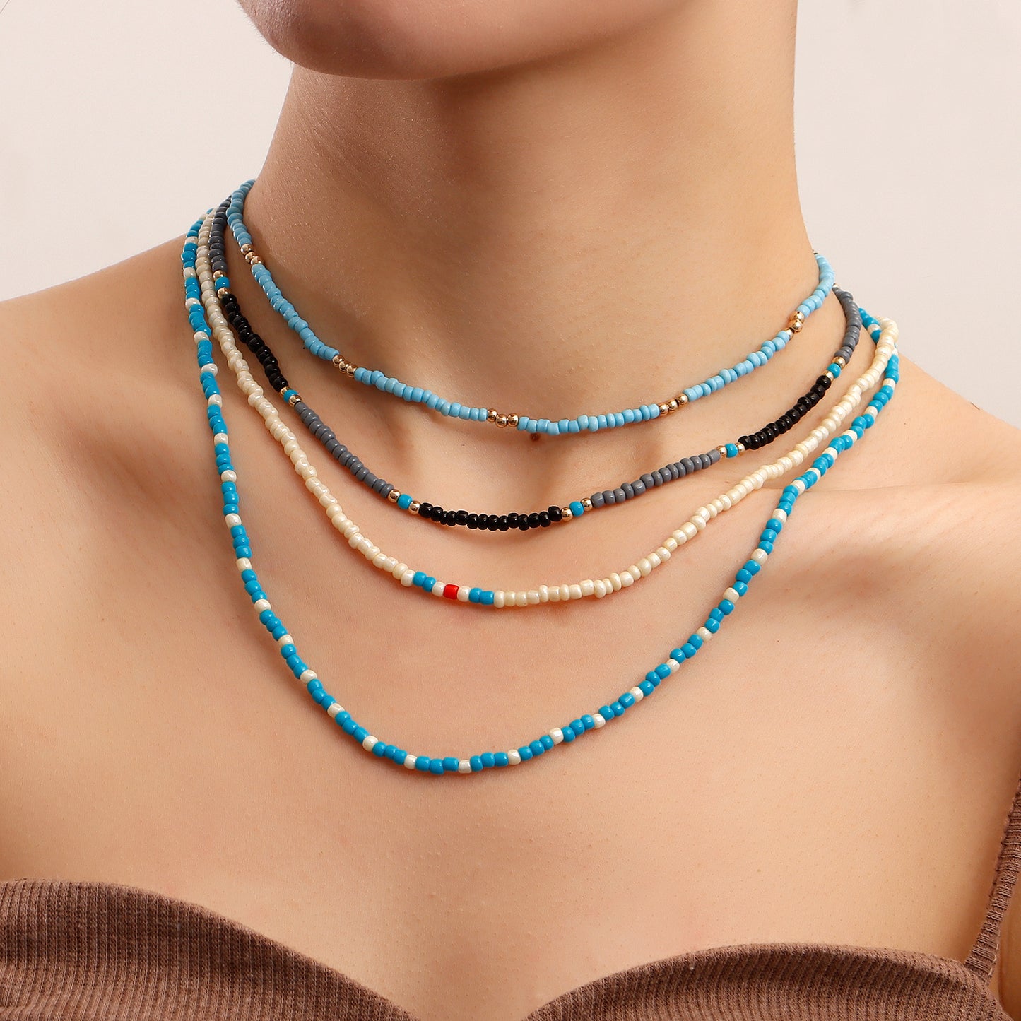 Minimalist French-Style Beaded Choker Necklace for Women with Geometric Shape Alloy Chain and Electroplated Finish
