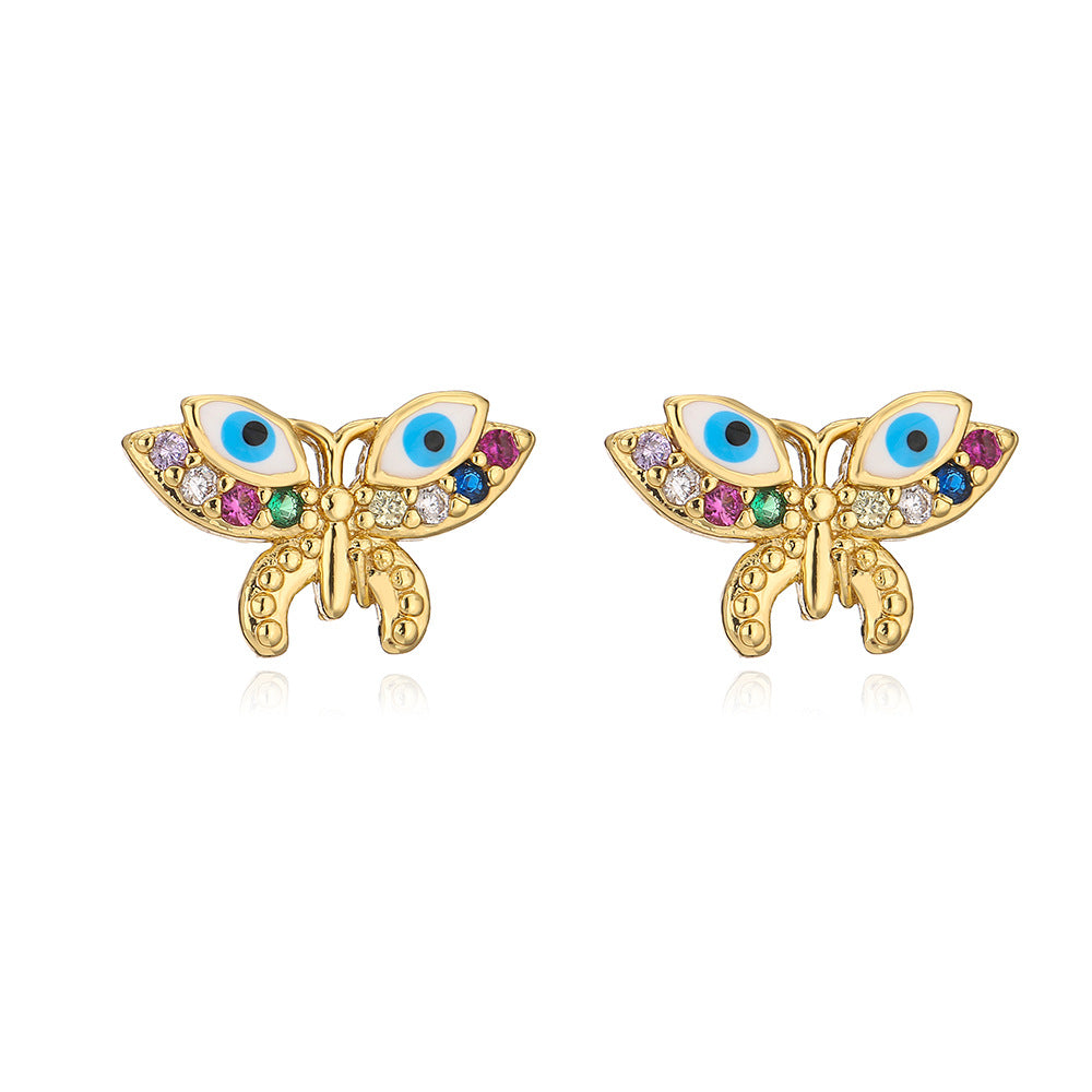 Orecchini a perno con farfalla geometrica alla moda, in rame, micro-pavé di zirconi e smalto, placcati oro 18K per donna