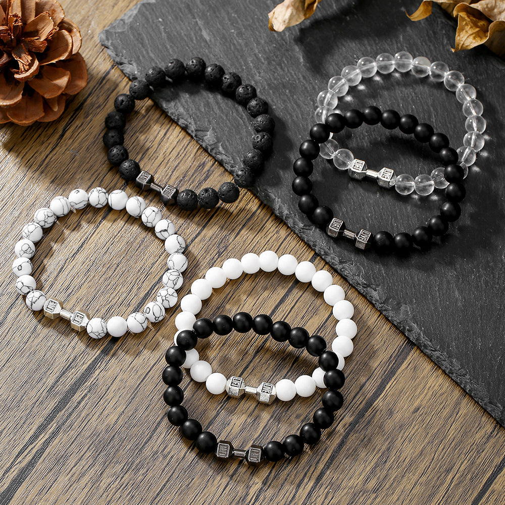 Geometric Round Volcanic Stone Hematite Beaded Bracelet Handmade Unisex Jewelry