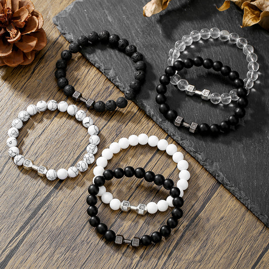Geometric Round Volcanic Stone Hematite Beaded Bracelet Handmade Unisex Jewelry