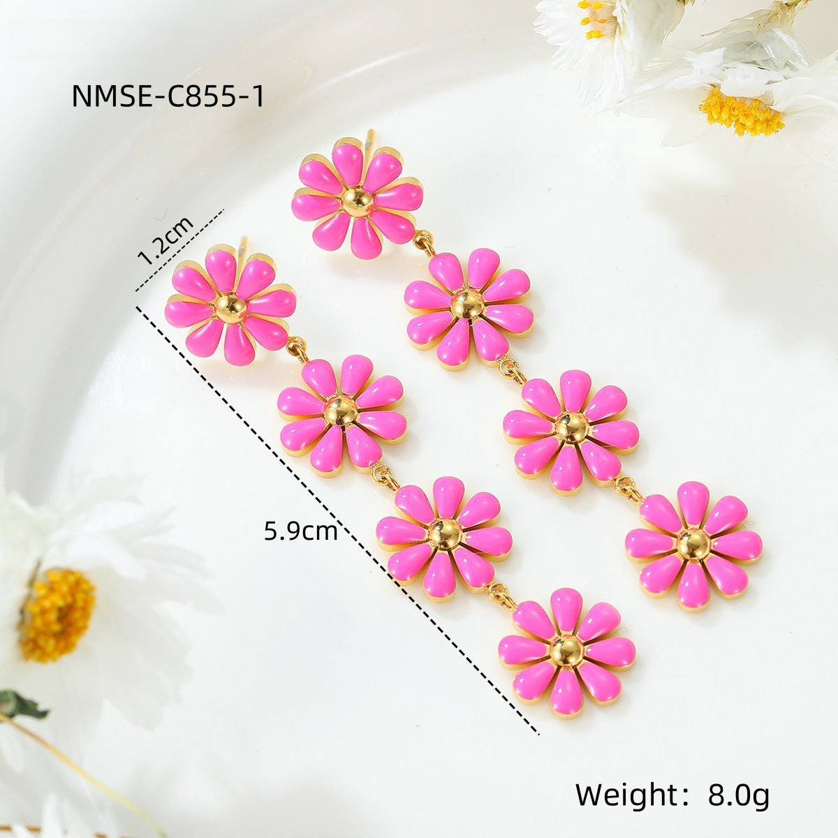 Pendientes Frescos Esmaltados de Margarita Dulce de Acero Titanio para Mujer con Acabado Chapado