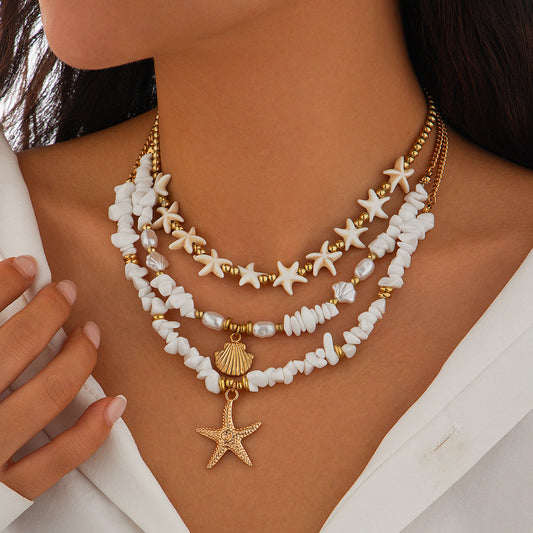 Bohemian Multi-layer Alloy Star and Imitation Pearl Necklace for Women