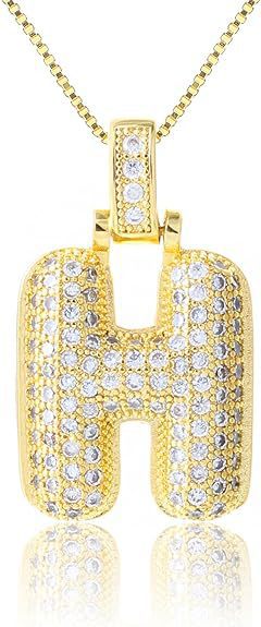 14K Gold Plated Brass Letter Pendant Necklace with Cubic Zirconia Inlay Box Chain for Women