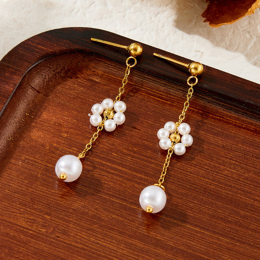 Minimalist Vintage Floral Stainless Steel Plated Jewelry Set with Pearl and Tassel for Women