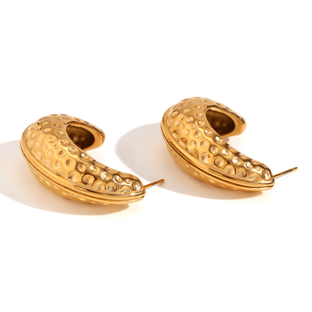 Fashionable Geometric Stainless Steel Ear Studs with 18K Gold Plating and Hammered Peanut Shell Texture for Women