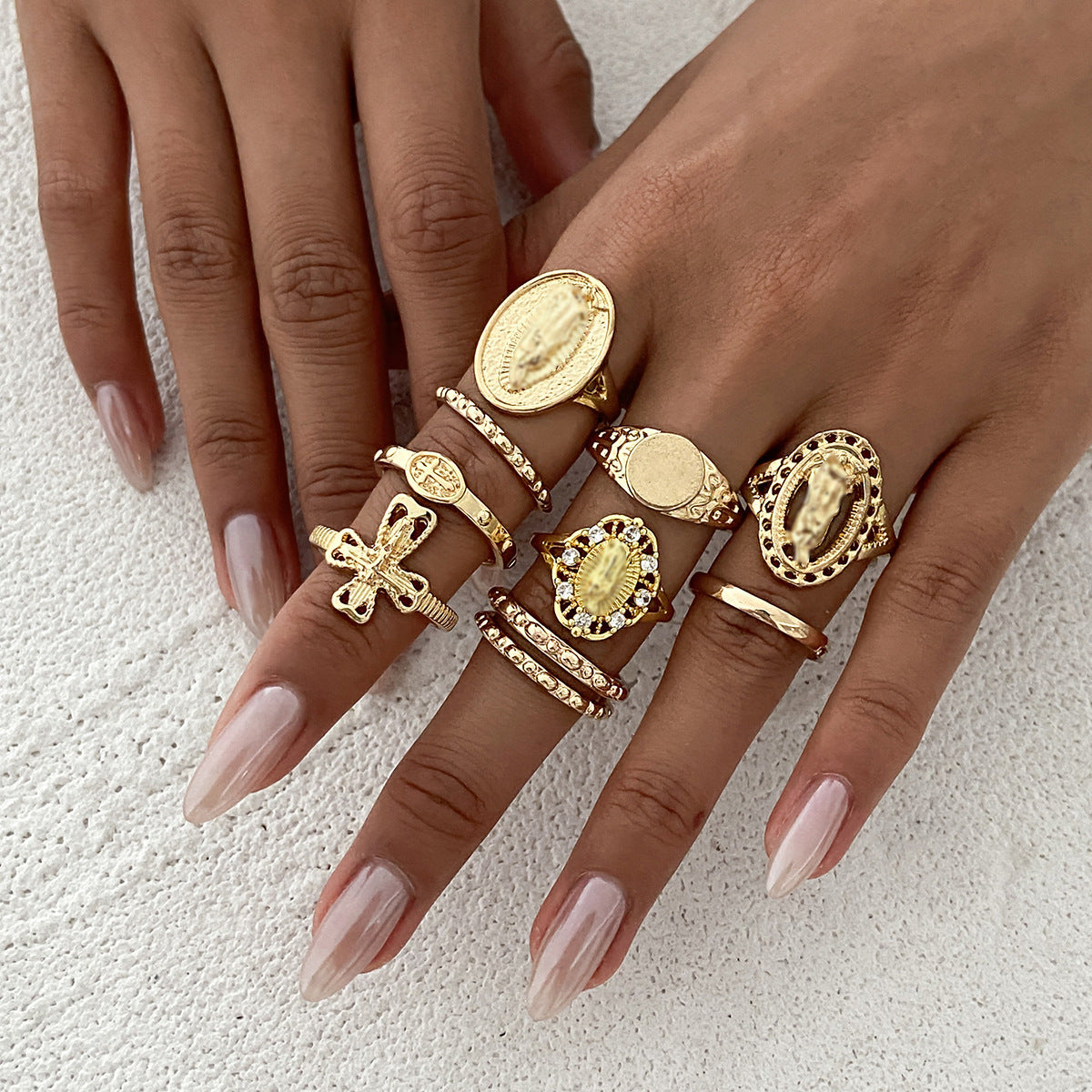Luxury Rhinestone Inlaid Geometric Cross Zinc Alloy Ring Set for Women