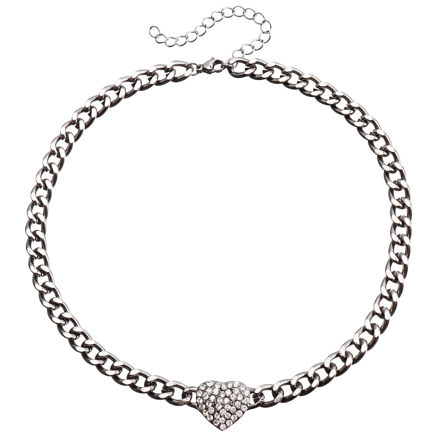 Minimalist Black Aluminum Figaro Necklace with Rhinestone Heart Pendant for Women Short Clavicle Chain