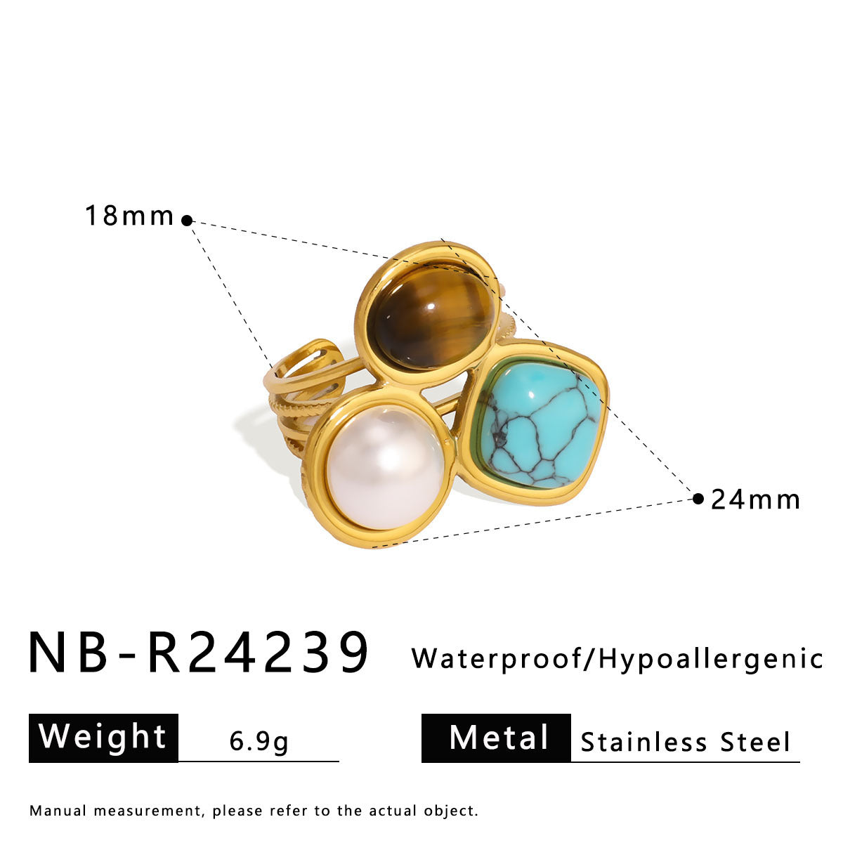 Anello geometrico in acciaio inossidabile con turchese naturale e pietre occhio di tigre, gioiello da mano unisex in stile vintage galvanizzato