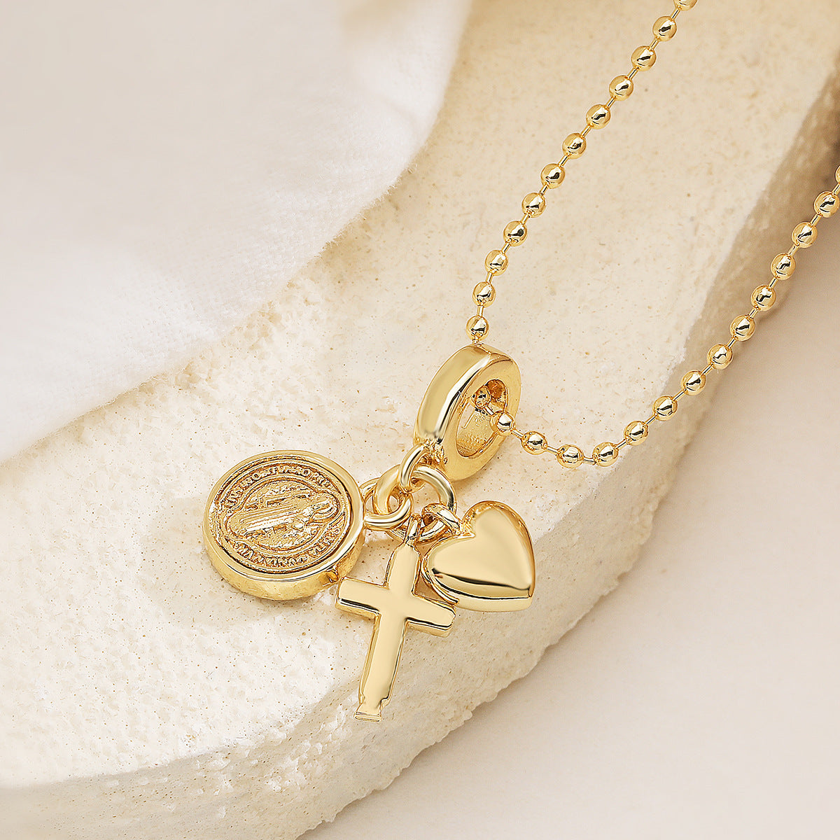 Minimalist Gold Plated Brass Cross Heart Cubic Zirconia Pendant Necklace for Women