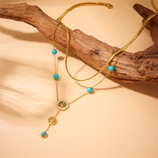 Collana Minimalista Vintage in Acciaio Inox a Doppio Strato con Placcatura in Oro, Pendente a Nappa e Ciondolo Albero della Vita Turchese