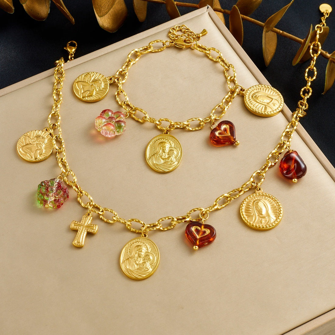 Vintage Luxury Gold Plated Stainless Steel Cross Heart Round Relief Portrait Roman Numeral Pendant Necklace Bracelet Set with Cable Chain for Women