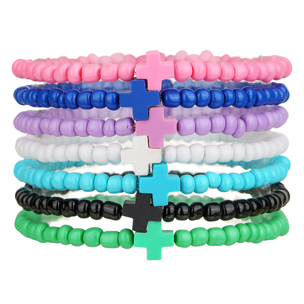 Minimalist Colorful Seed Bead Polymer Clay Cross Bracelet Handmade Multi-Layer Stackable