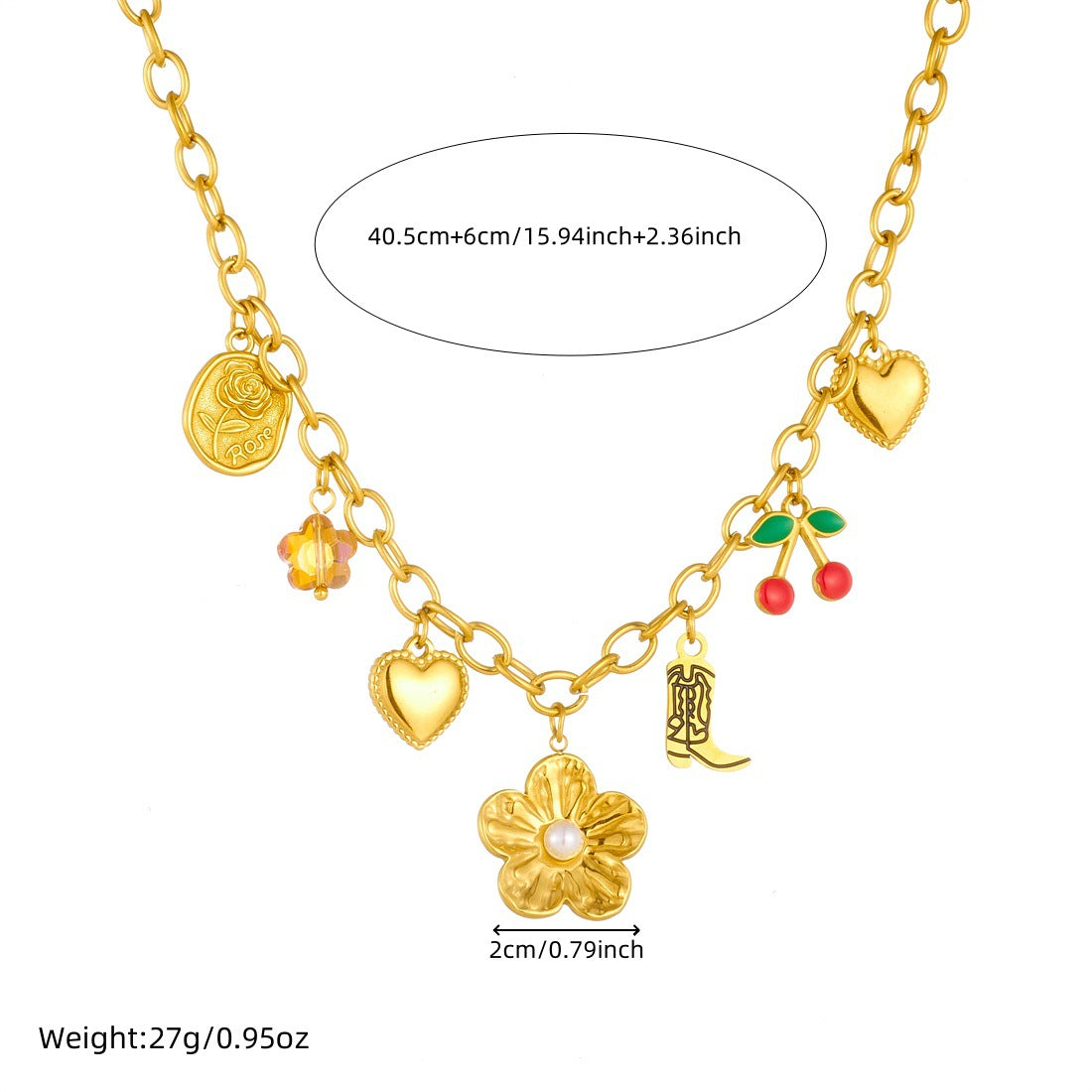 Sweet Gold Plated Drip Oil Cherry Flower Pearl Stainless Steel Necklace for Women