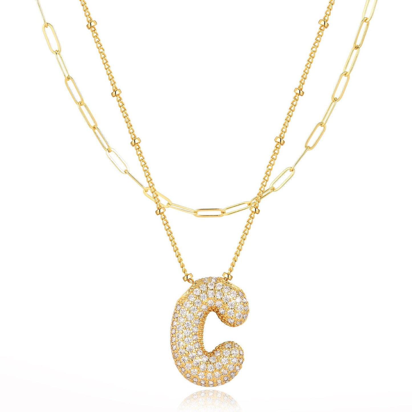 18K Gold Plated Brass Double Layer Letter Necklace Micro Pave Cubic Zirconia Serpentine Chain Women's Jewelry