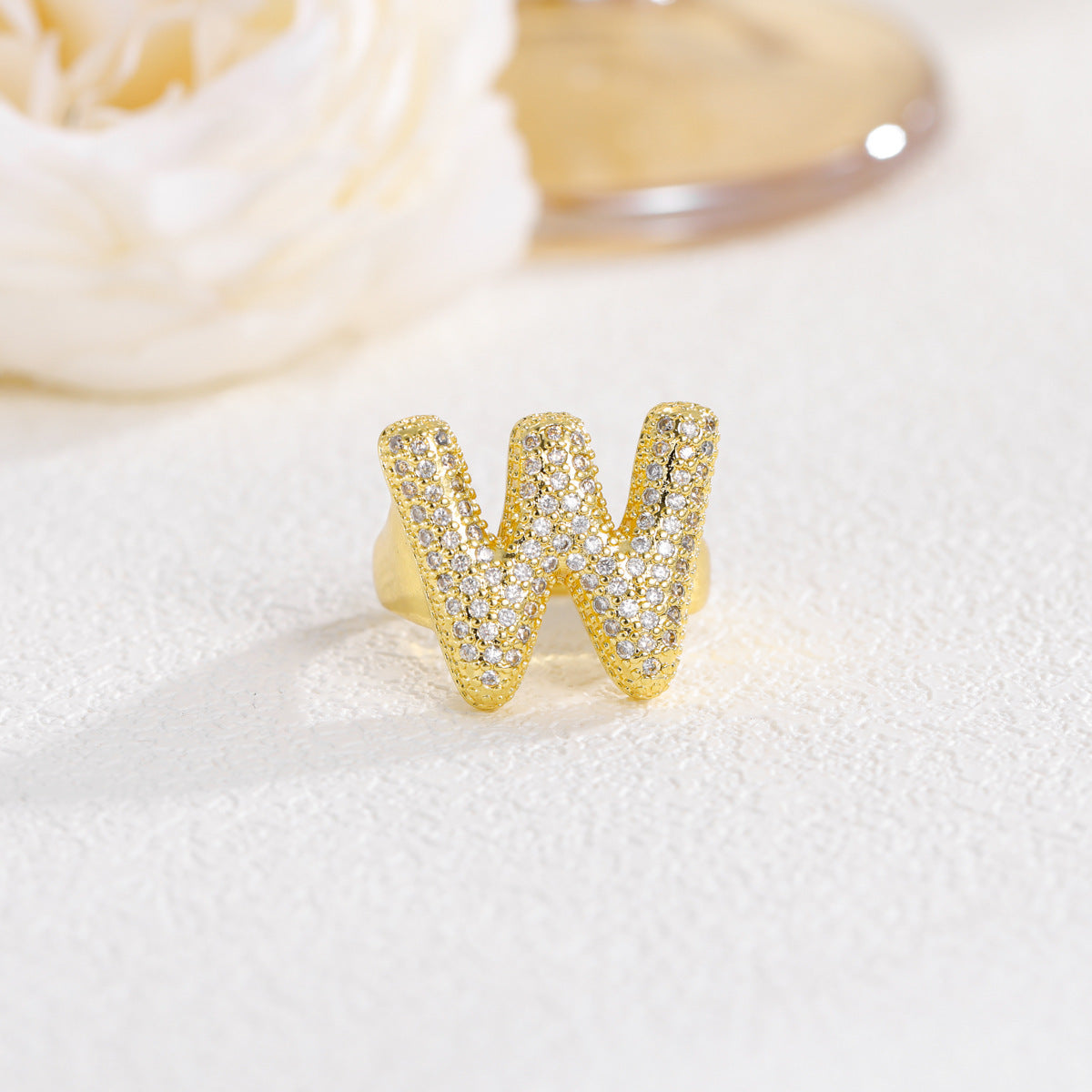 Sweet Plated Brass Letter Ring with Cubic Zirconia Adjustable Open Ring for Women and Men