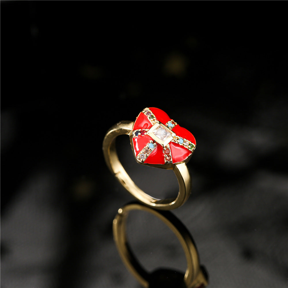 18K Gold Plated Brass Micro-inlay Cubic Zirconia Drip Oil Heart Ring for Women