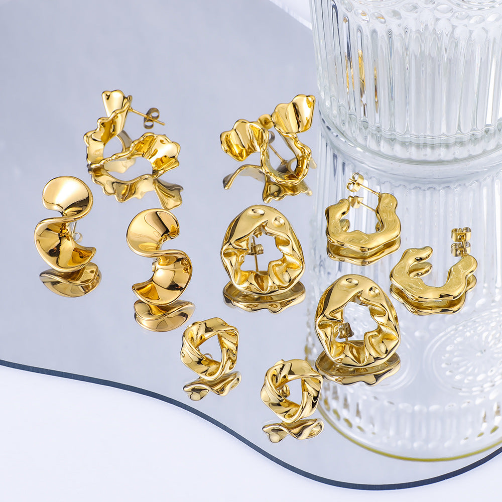 Irregular Geometric Stainless Steel Stud Earrings with Vacuum Gold Plating Minimalist Cold-Tone Design for Women