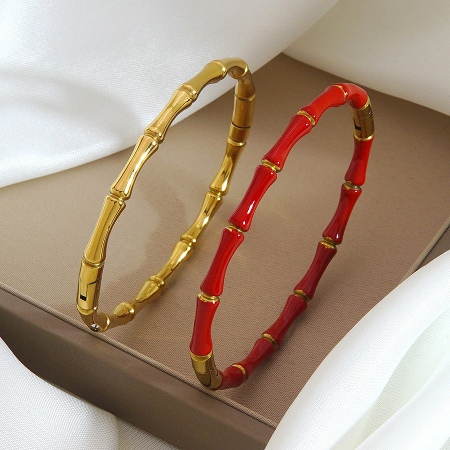 Fashion Casual Elegant Geometric Drip Oil PVD 18K Gold Stainless Steel Bamboo Bangle