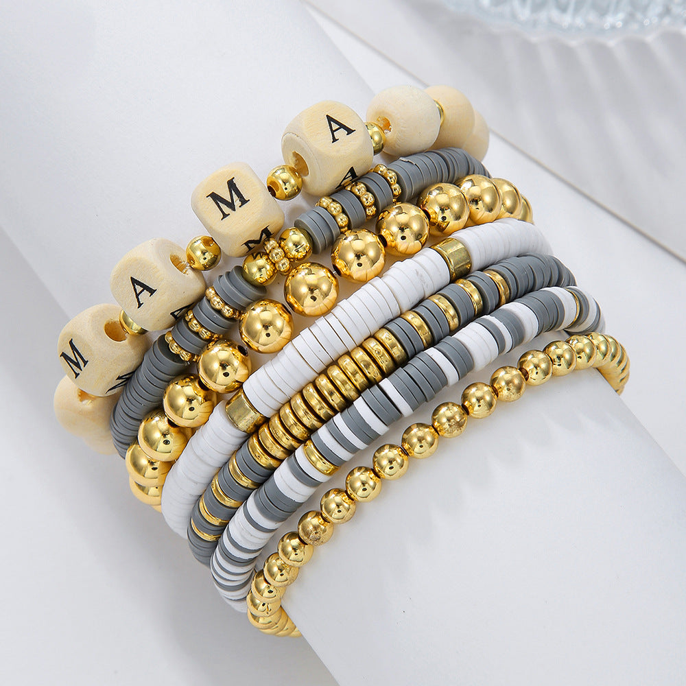 Bohemian Wood Bead and Resin Letter Bracelet Set