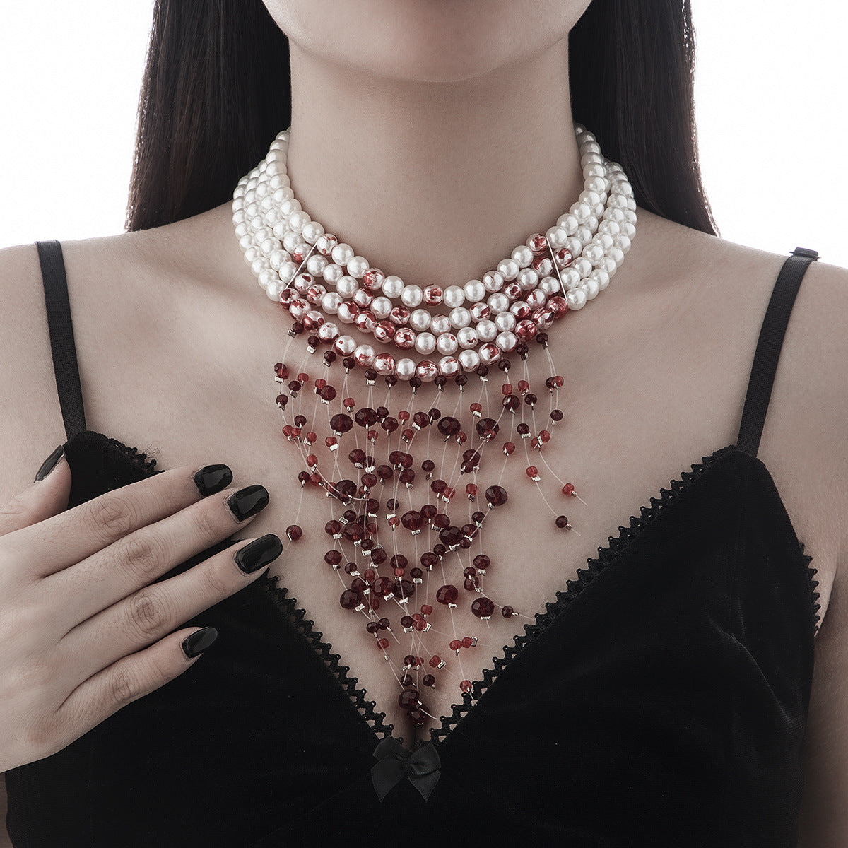Gargantilla Gótica Vintage con Perlas de Imitación, Colgante de Cristal y Borlas para Mujer