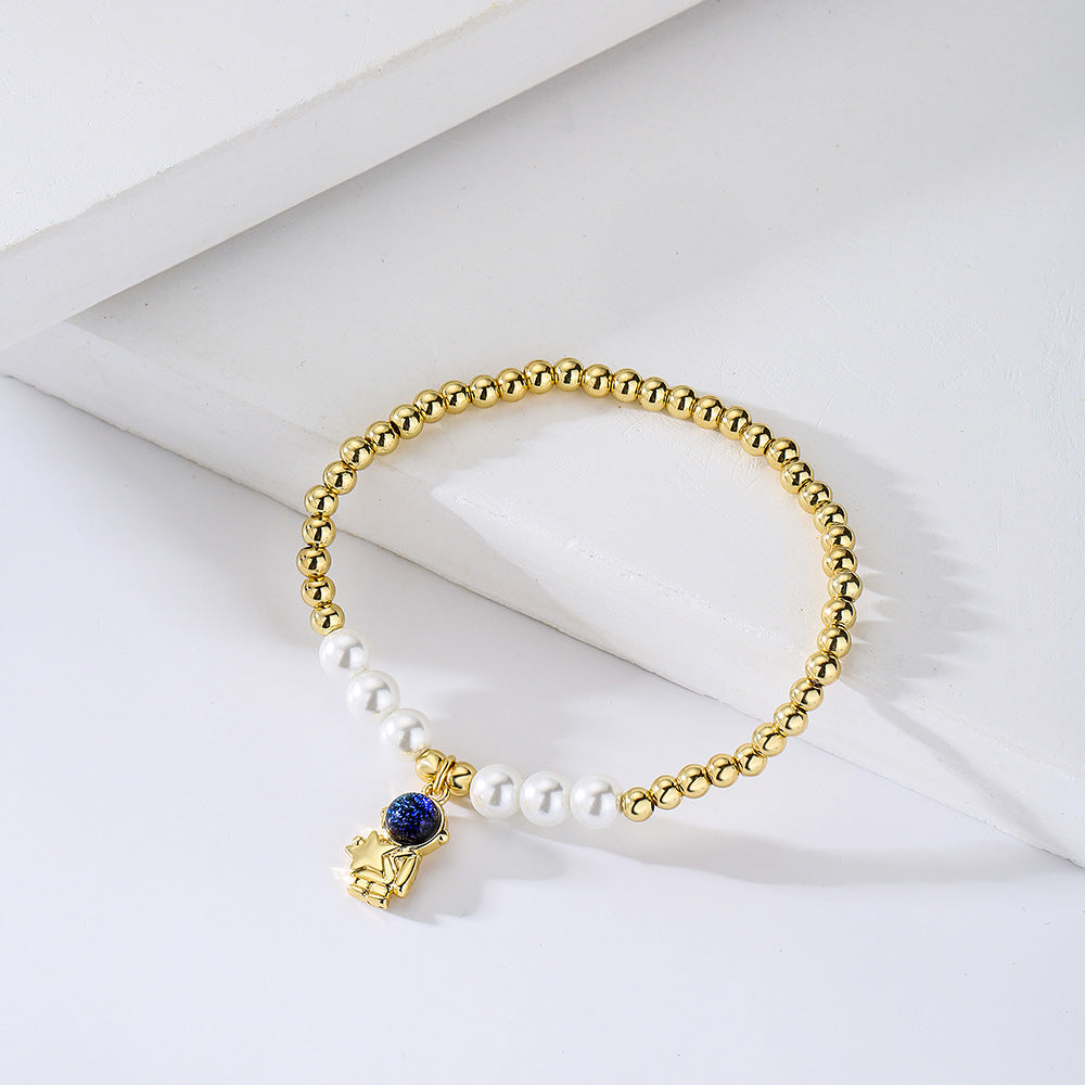 Creative Bear Astronaut Pendant Bracelet for Women with Copper Beads and 18K Gold Plating