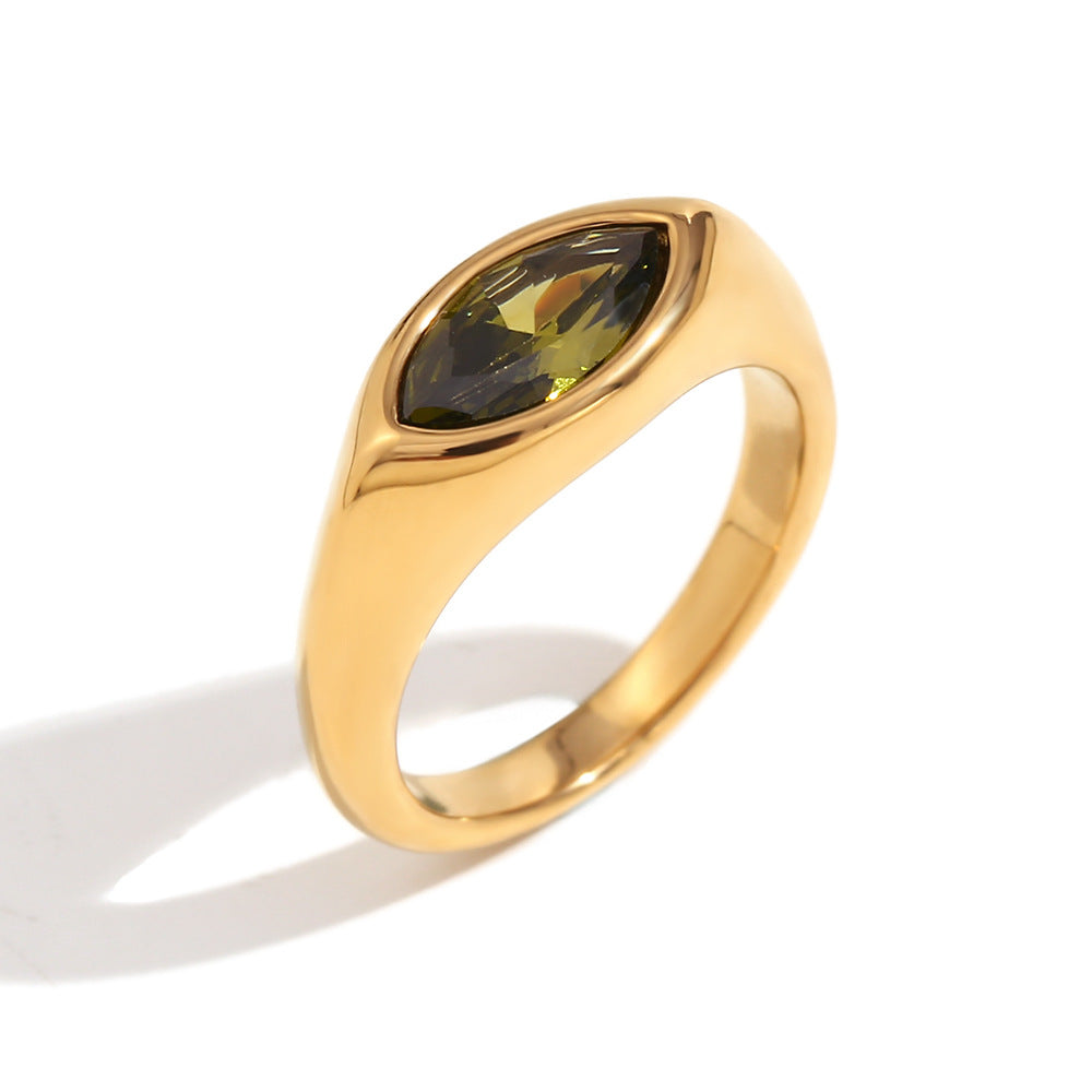 Anillo de Acero Inoxidable Geométrico Minimalista con Baño de Oro de 18K y Piedra de Zirconia Marquesa para Mujer