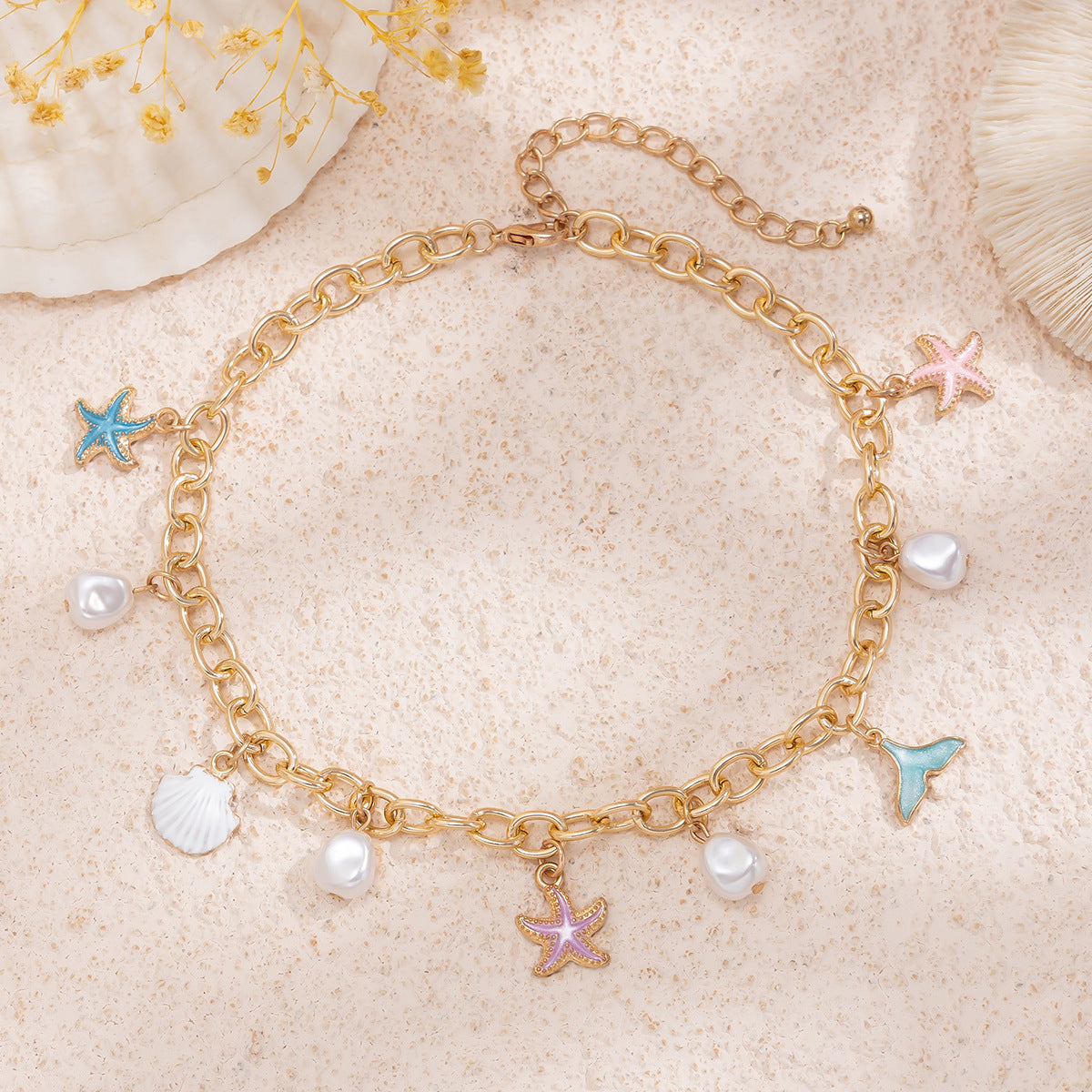 Sweet Plated Aluminum Alloy Starfish and Pearl Pendant Necklace for Women