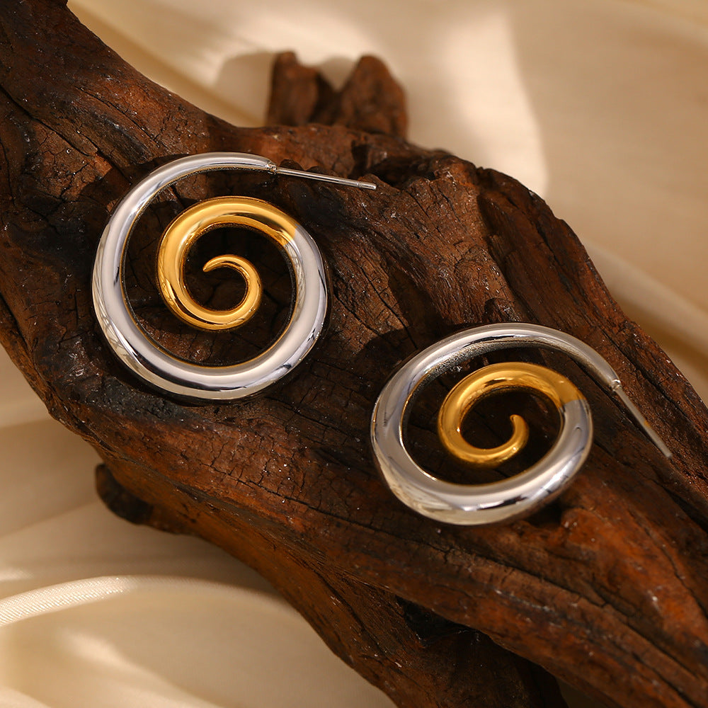 Pendientes de Acero Inoxidable Geométricos Minimalistas con Baño de Oro de 18K y Diseño Espiral Ahumado para Mujer