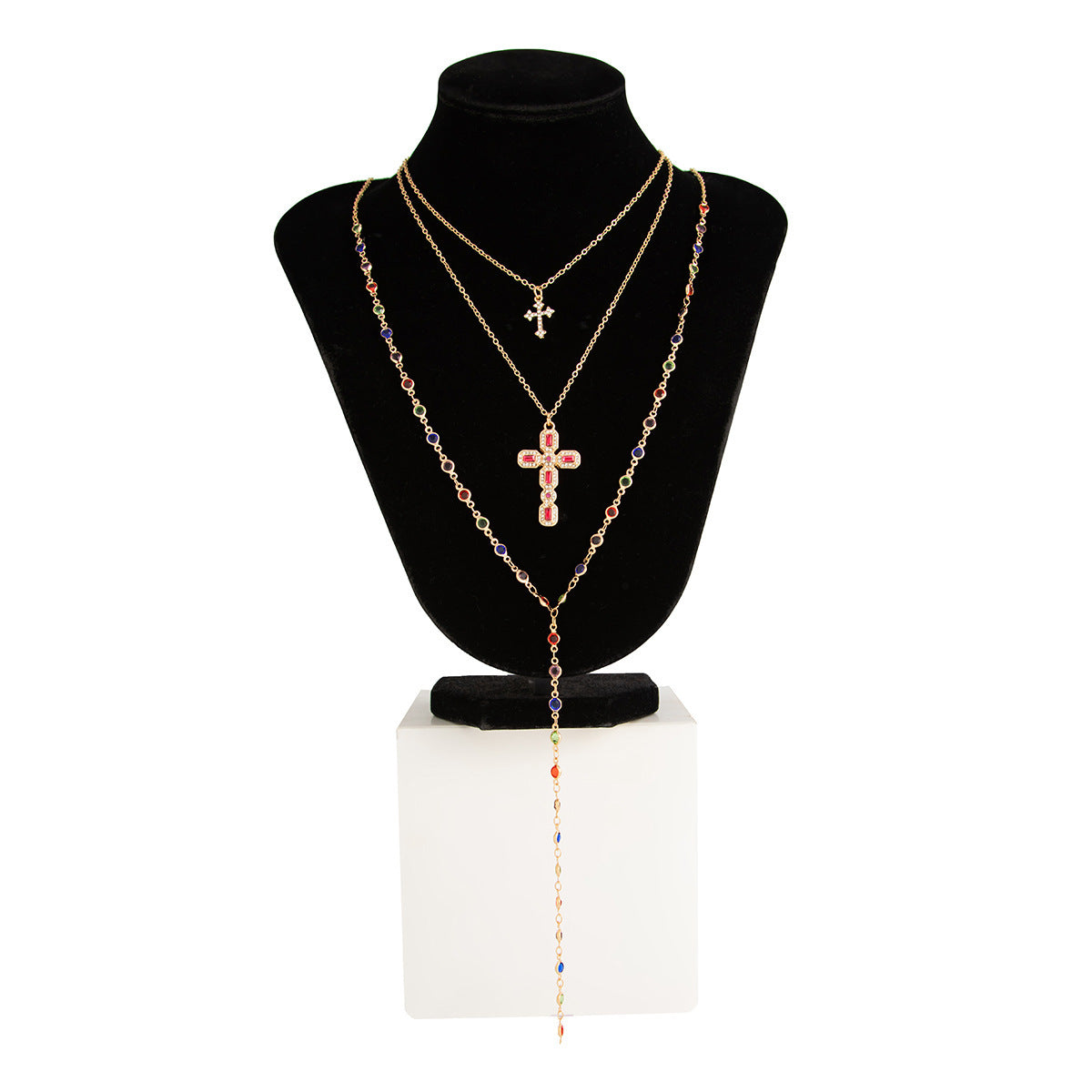Hip-hop Casual Rhinestone Crystal Inlaid Cross Alloy Pendant Necklace Colorful Chain Set for Women