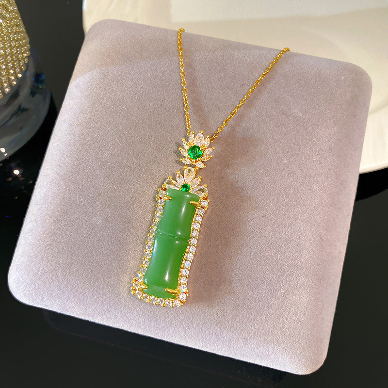 Vintage Sweet Green Bamboo Heart Plant Titanium Steel Plated Brass Pendant Necklace Cable Chain Unisex