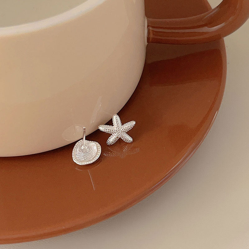 Minimalist Starfish and Seashell Stud Earrings for Women in 925 Sterling Silver with Plated Finish