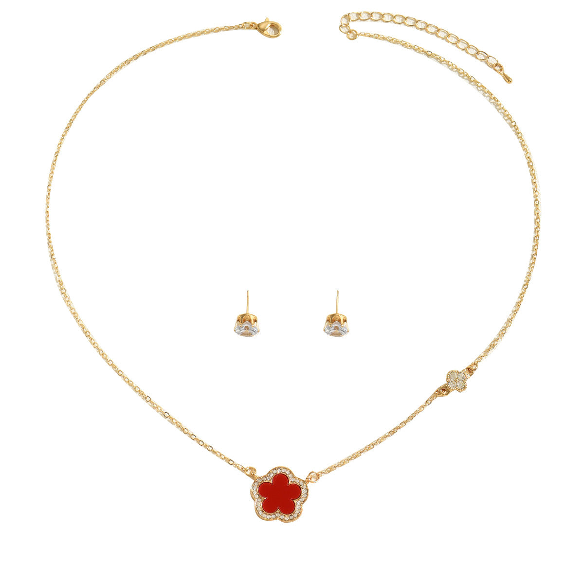 Set collana con ciondolo floreale stile Chanel con intarsio di strass per donna, catena lunga in lega e orecchini abbinati