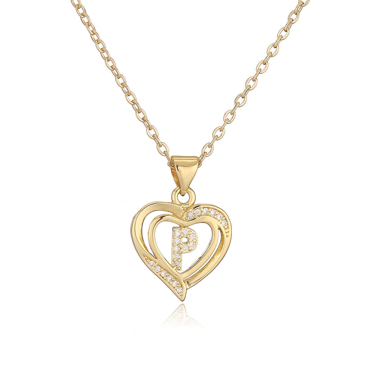 Collana con Pendente Minimalista in Rame, Placcatura in Oro 18K e Dettagli in Zircone a Forma di Cuore e Lettera per Donne