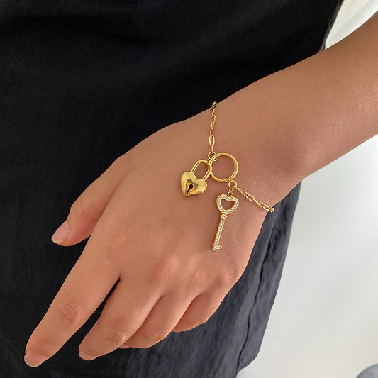 Sweet Minimalist Heart Key Lock Pendant with Cubic Zirconia and Star Elements Titanium Steel Bracelet for Unisex