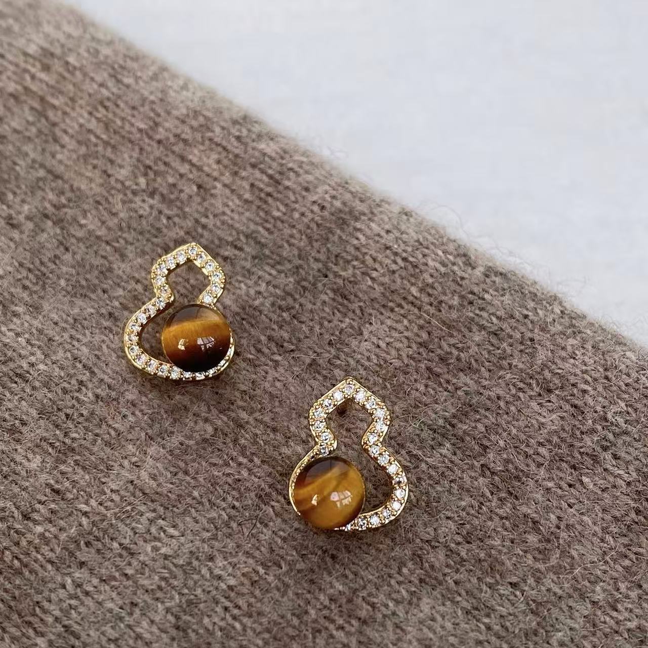 Pendientes de tuerca geométricos de ojo de tigre chapados en bronce mate para mujer, joyería de lujo minimalista artística vintage