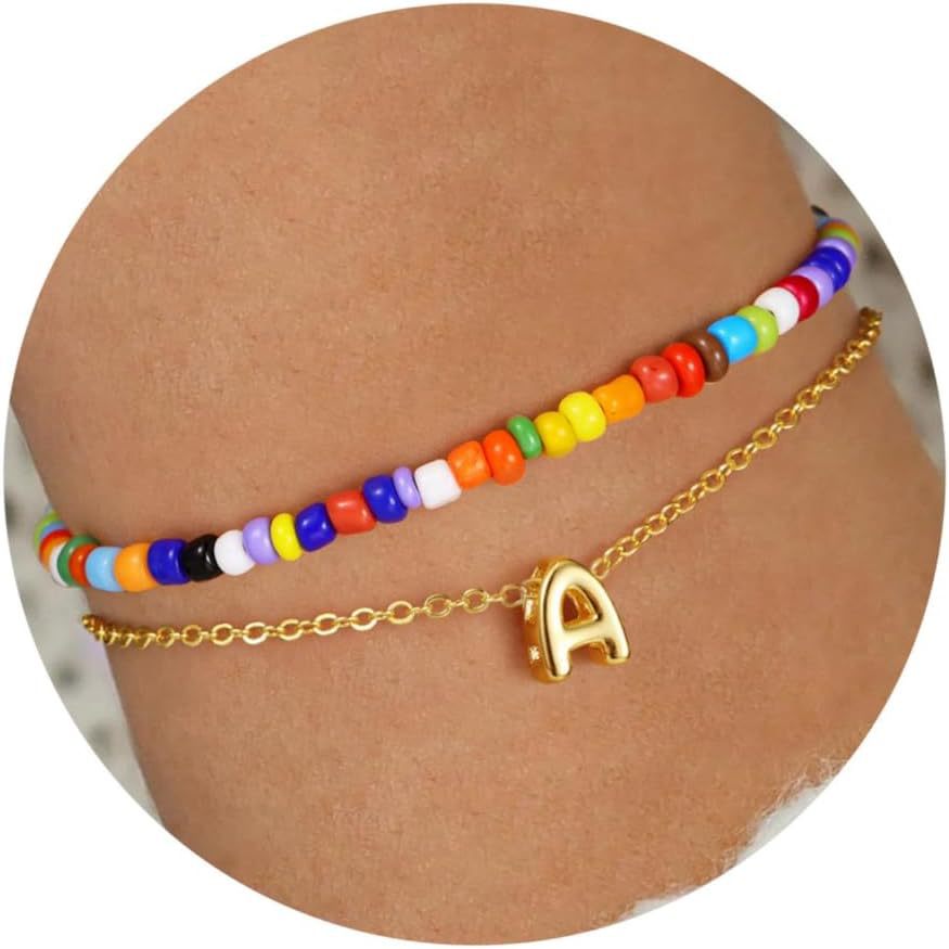 Bohemian Colorful Seed Bead Stainless Steel Letter Chain Bracelet Set