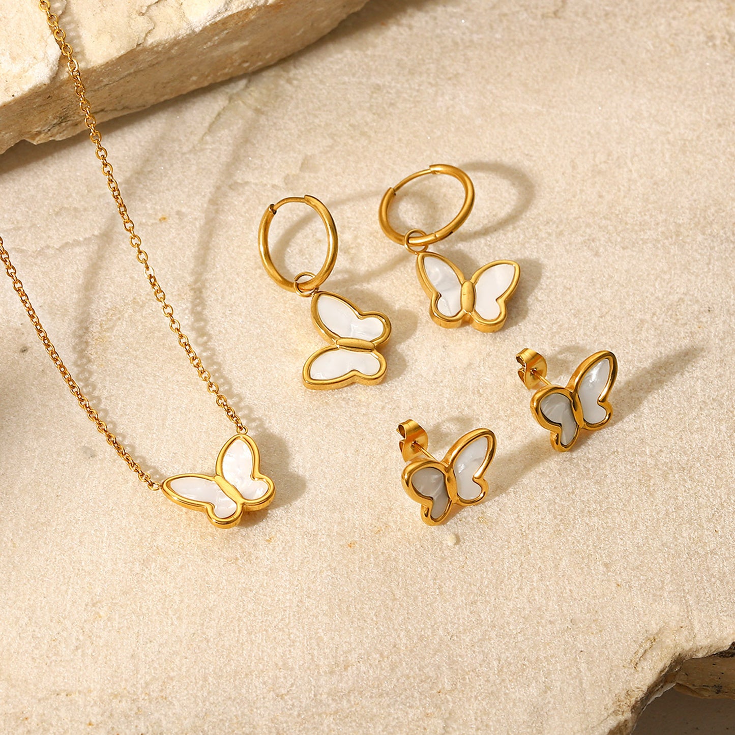 Minimalist Butterfly 18K Gold Plated Stainless Steel Necklace and Earrings Set with Natural White Shell