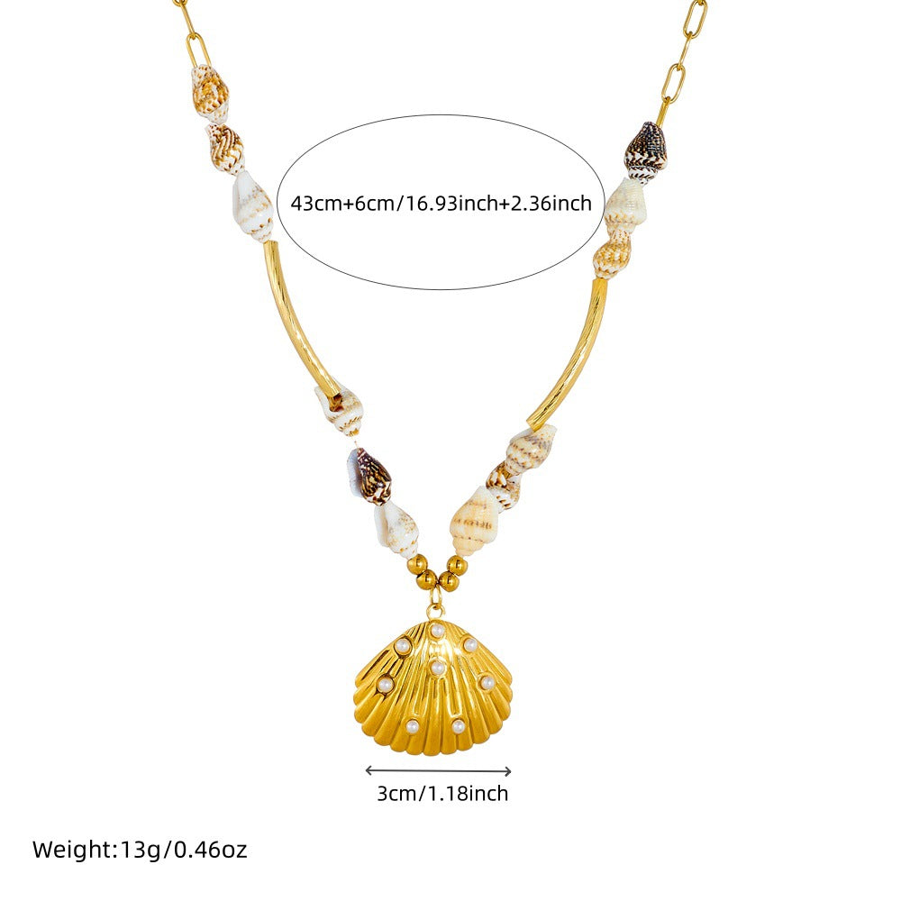 Collana con ciondolo a conchiglia in acciaio inossidabile da donna stile retrò tropicale con finitura placcata e catena a scatola