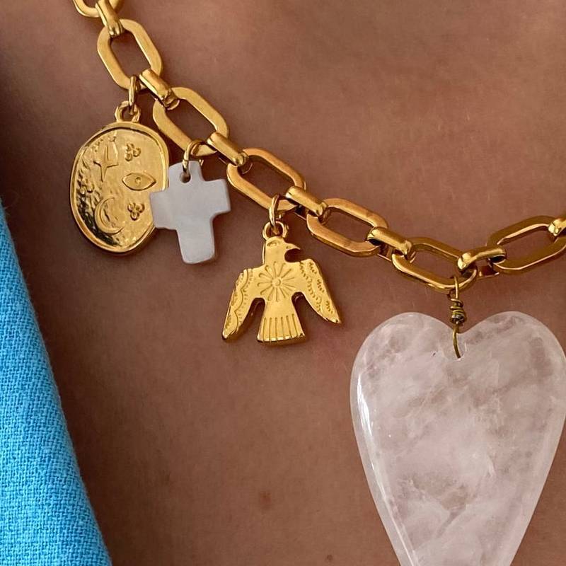 Minimalist 18K Gold Plated Stainless Steel Heart Star Charm Bar PVD Cable Chain Necklace Unisex