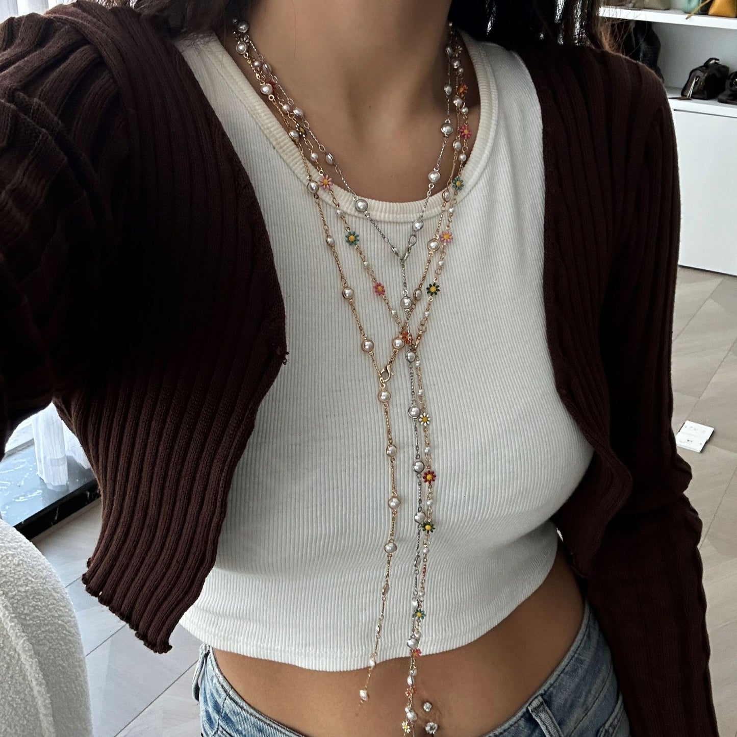 Minimalist Colorful Crystal Geometric Y-Necklace Brass Plated Alloy Pendant Chain for Women